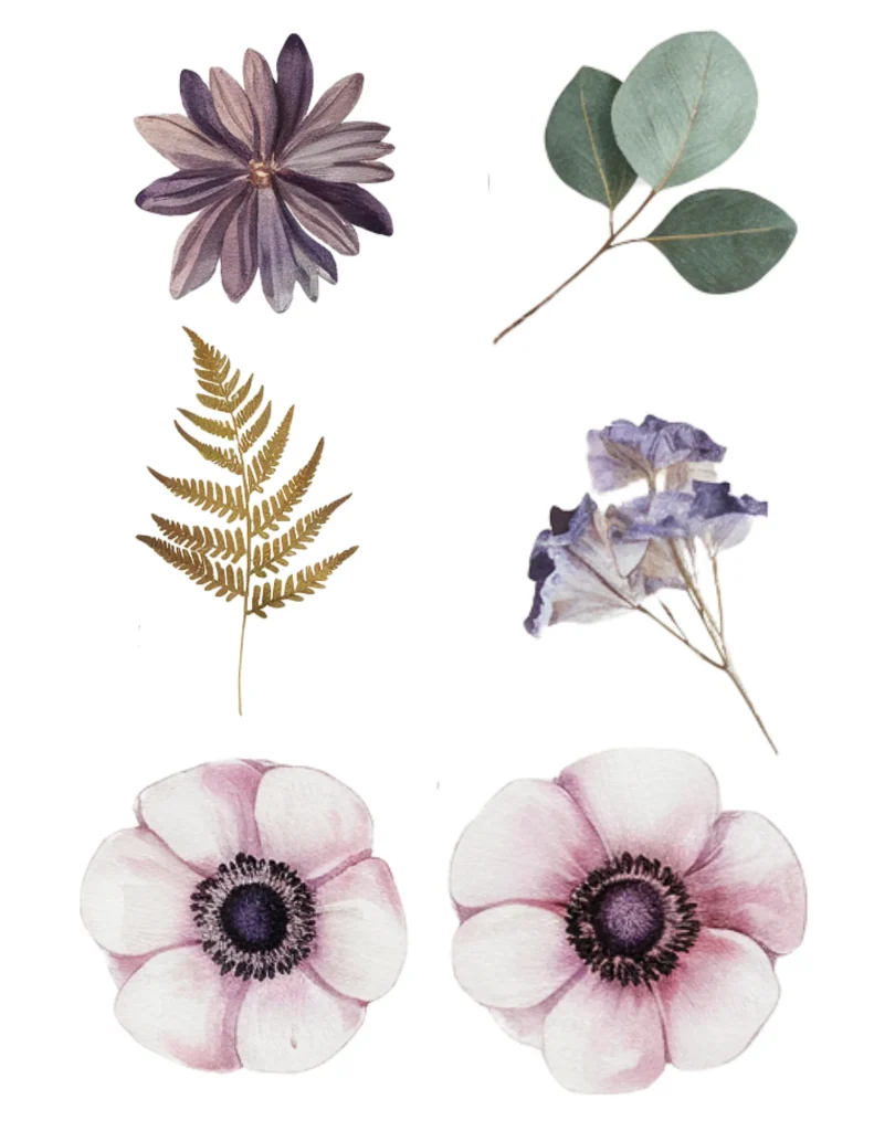 Watercolor illustration of assorted flowers and leaves, featuring purple, pink, and green hues on a white background.