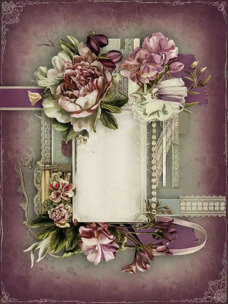 Vintage floral frame with ornate lace accents and delicate purple flowers on a textured purple background.