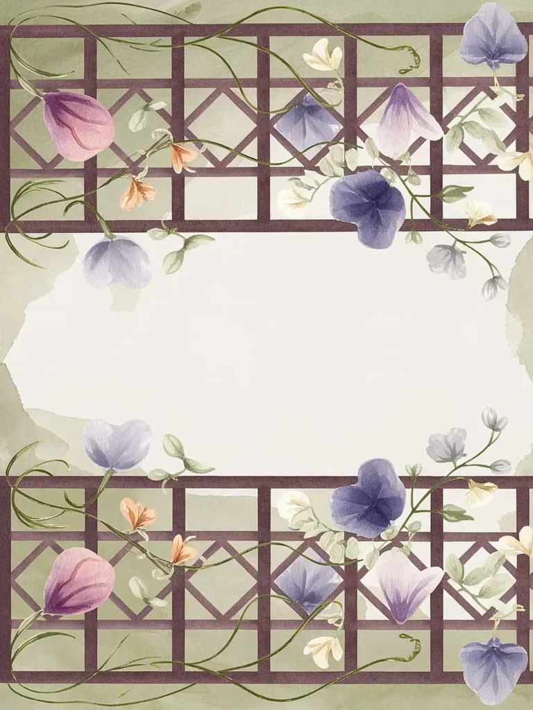 Floral trellis design with purple, pink, and orange flowers on a soft green and beige background.