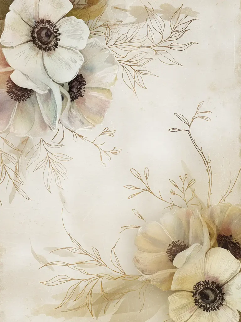 Delicate floral illustration with white and beige flowers, accented by elegant line-art leaves on a vintage background.