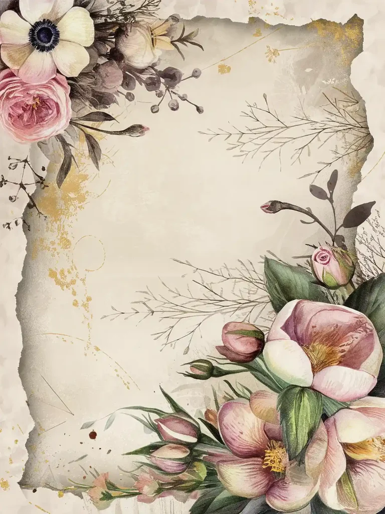 Vintage floral illustration with pastel flowers and leaves on a textured parchment background.