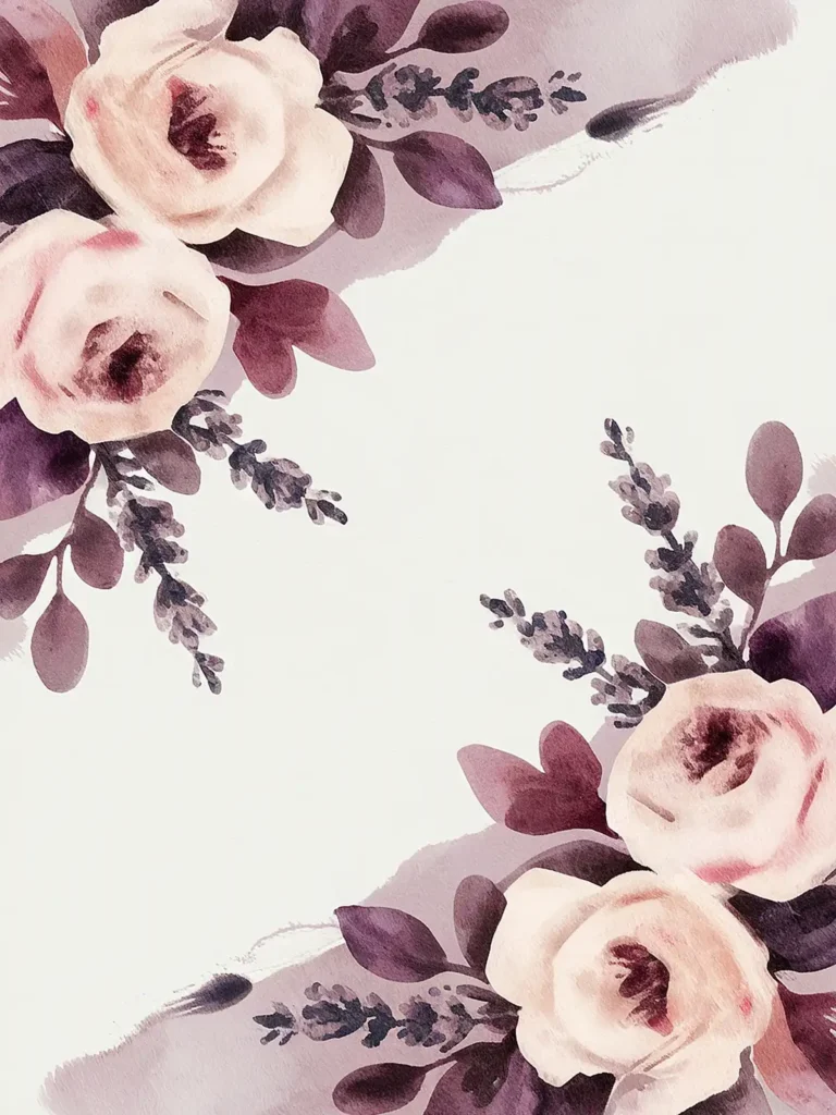 Elegant watercolor roses with purple leaves frame a white background, perfect for wedding invitations and cards.