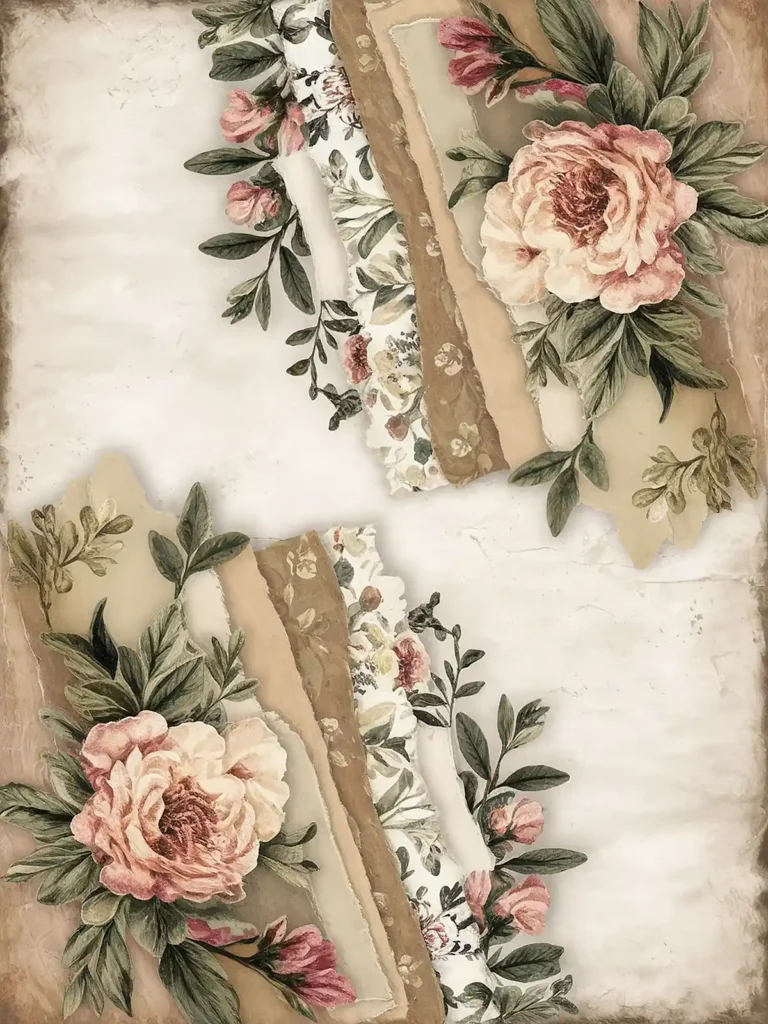 Vintage floral scrapbook paper with pink roses and green leaves on a textured beige and white background.