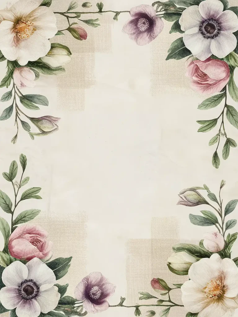 Floral border with pastel roses and anemones on textured background, ideal for invitations or greeting cards.