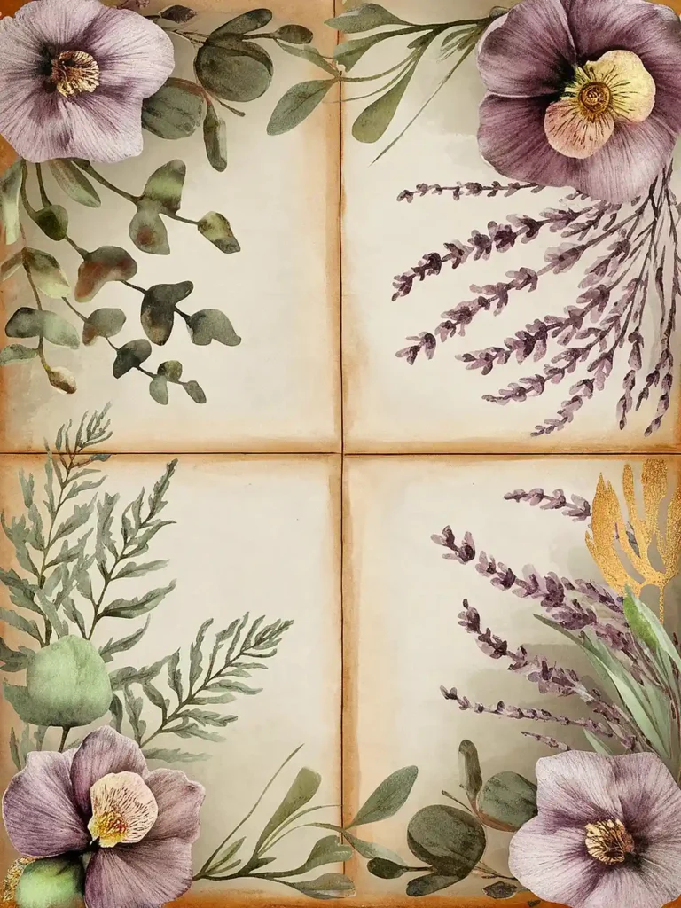 Vintage floral frame with purple flowers and green leaves on an aged paper background. Ideal for invitations or decor.