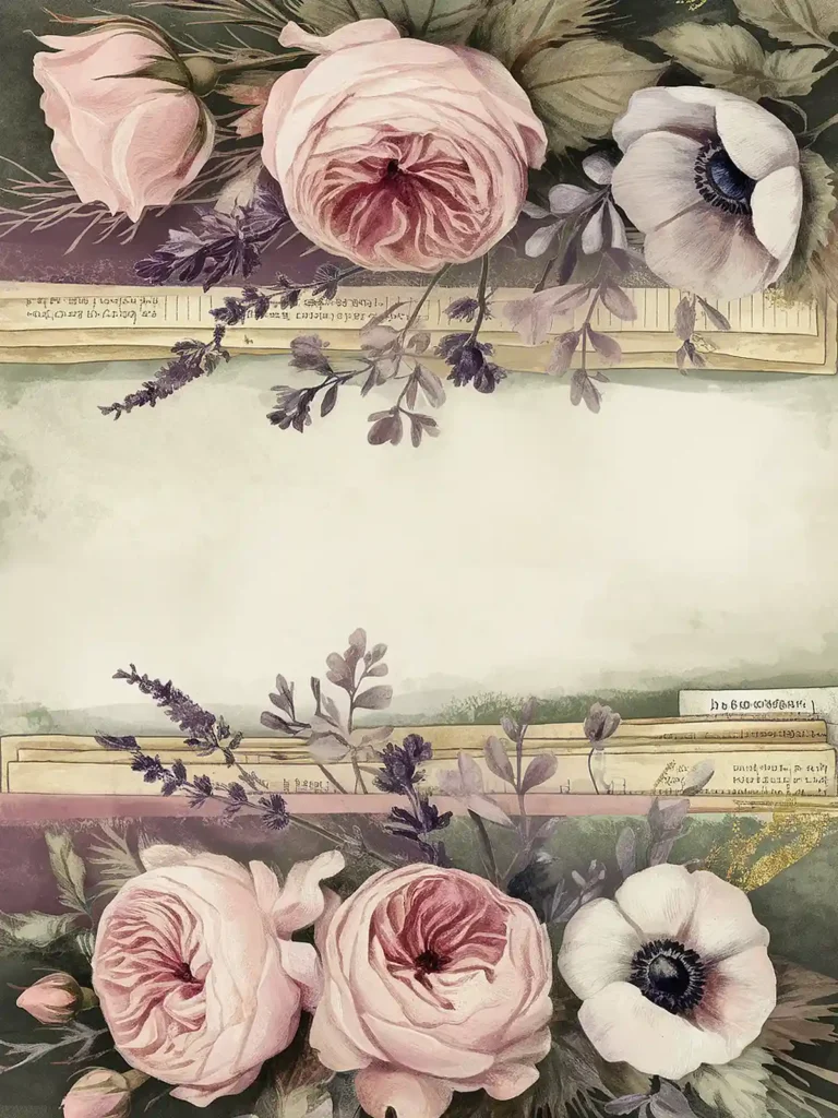 Vintage floral border with pink roses and anemones, featuring delicate leaves and twigs, perfect for invitations.
