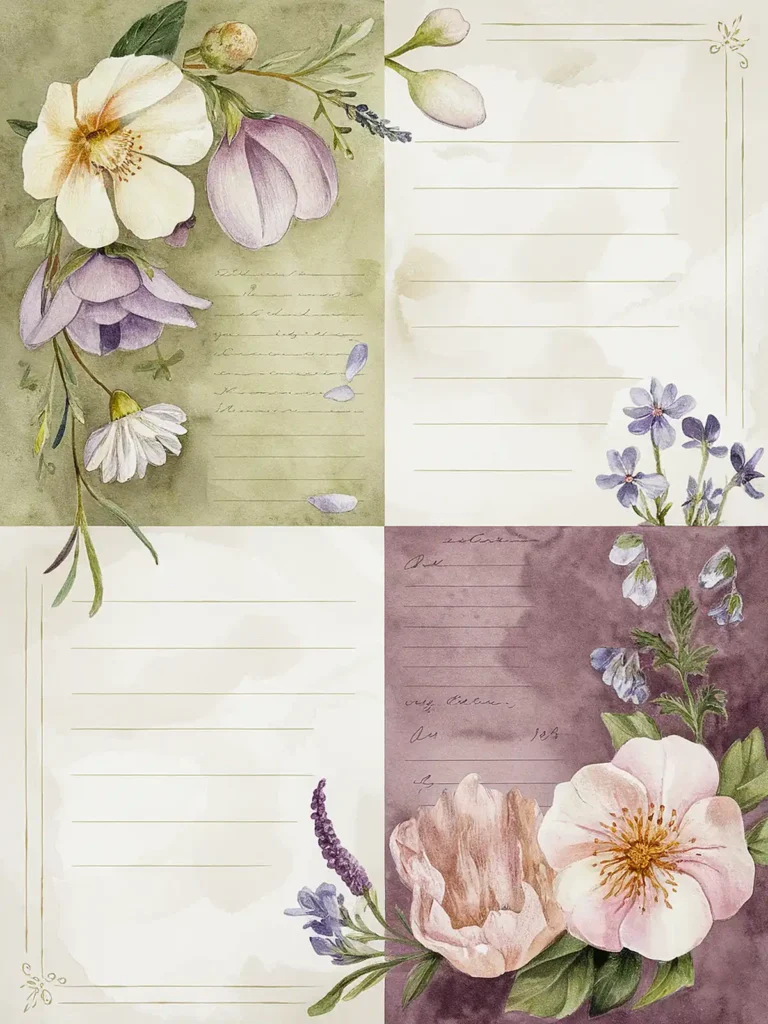 Floral stationery design with lined sections and watercolor flowers in soft pastel colors for writing notes.