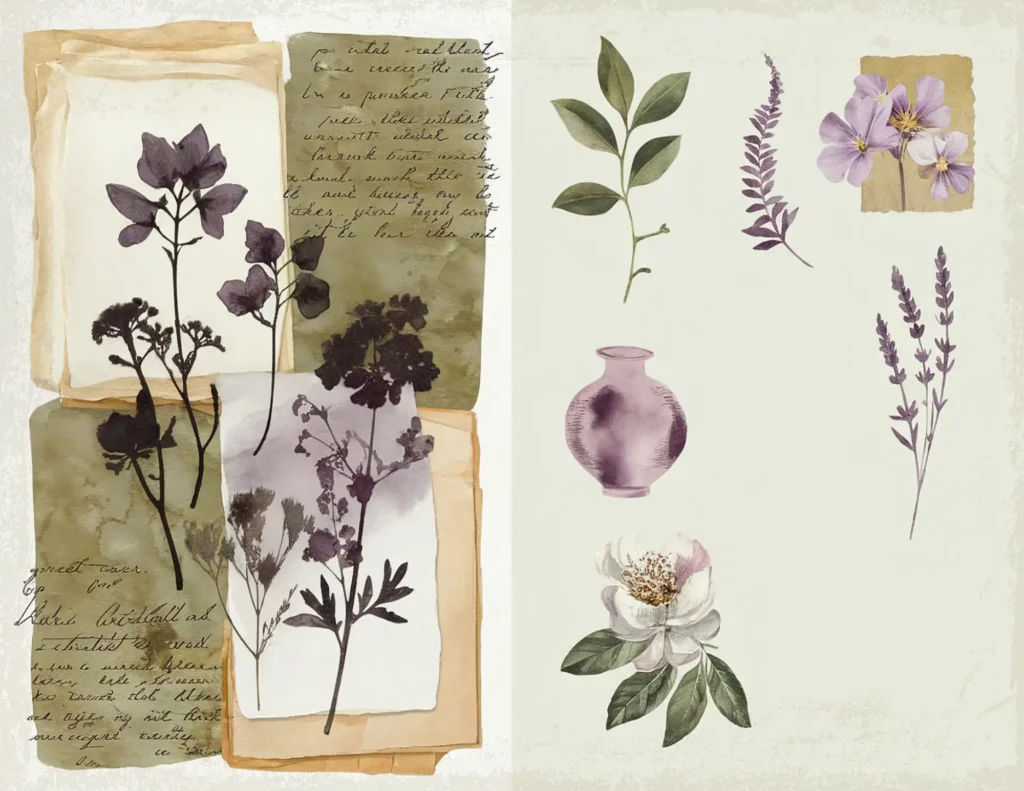 Vintage botanical illustrations with flowers, leaves, lavender, and a purple vase on textured, aged paper backgrounds.