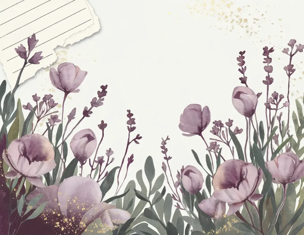Watercolor floral illustration with purple flowers, green leaves, and notebook page for a decorative background.