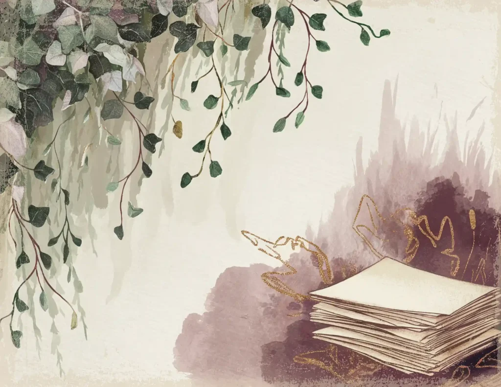 Artistic illustration with hanging leaves and stacked papers on a textured background.