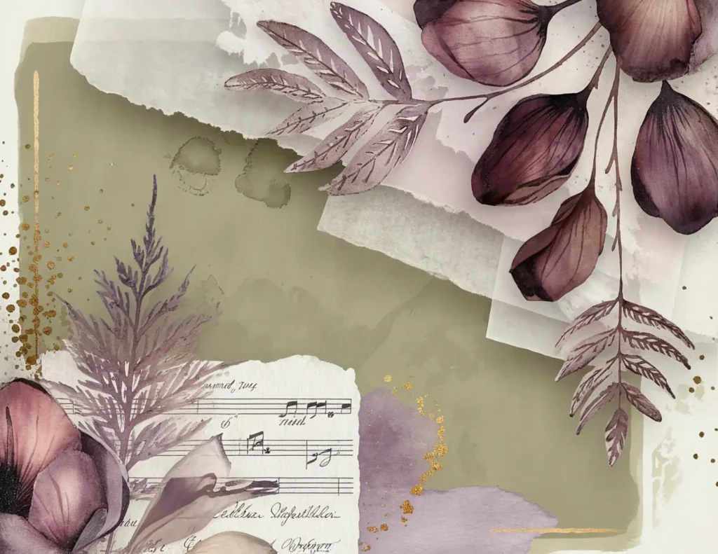 Abstract floral collage with purple flowers, sheet music, and gold accents on a textured green background.