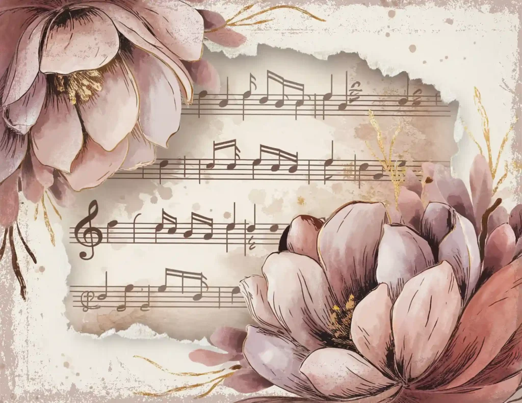 Sheet music decorated with vintage pink flowers and artistic watercolor accents.