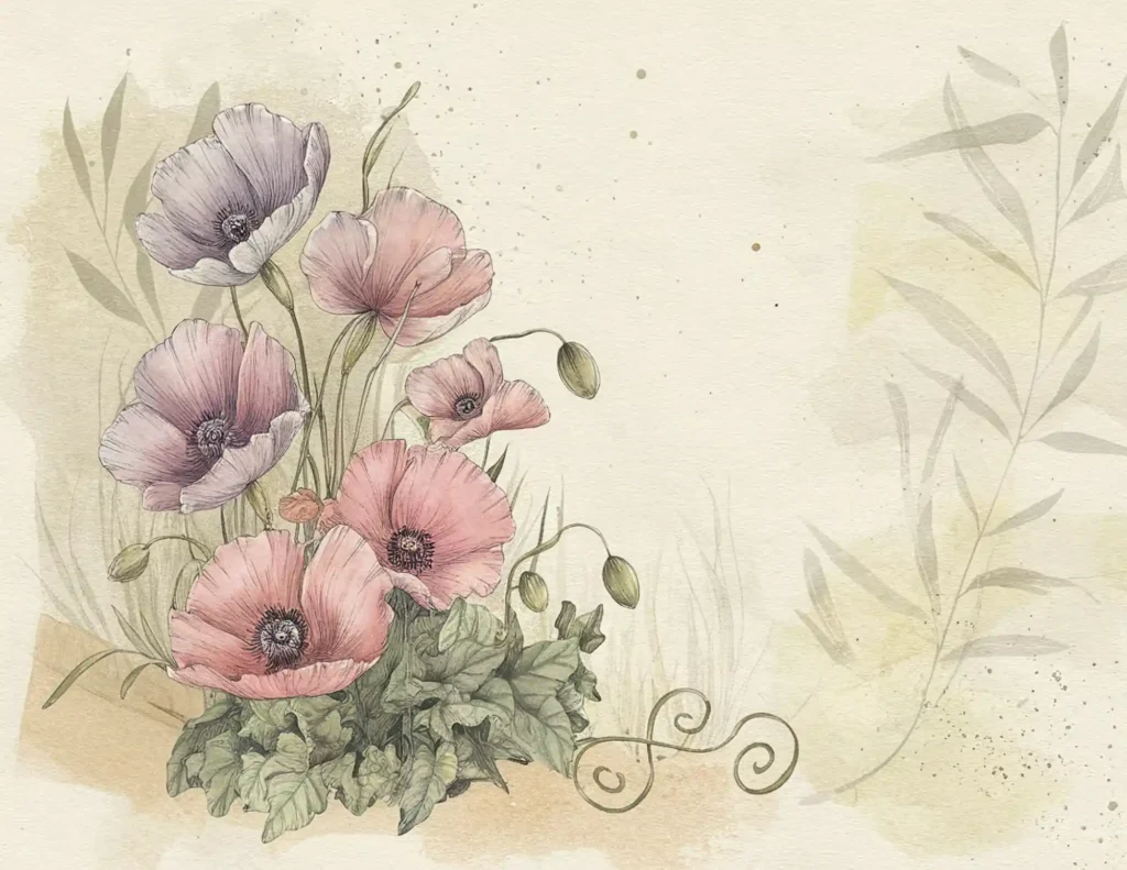 Illustration of blooming pastel poppies with leaves, set against a soft watercolor background with subtle foliage.