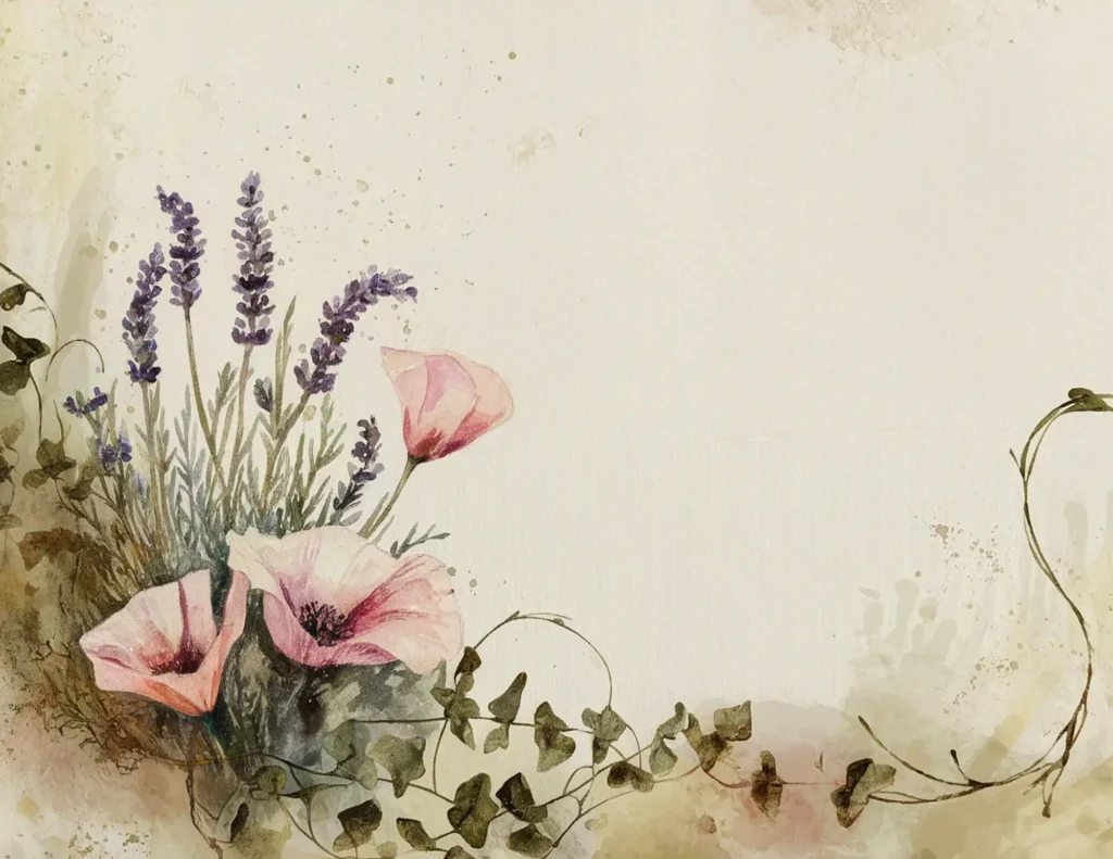 Watercolor illustration of pink flowers and lavender with green leaves on a textured background.