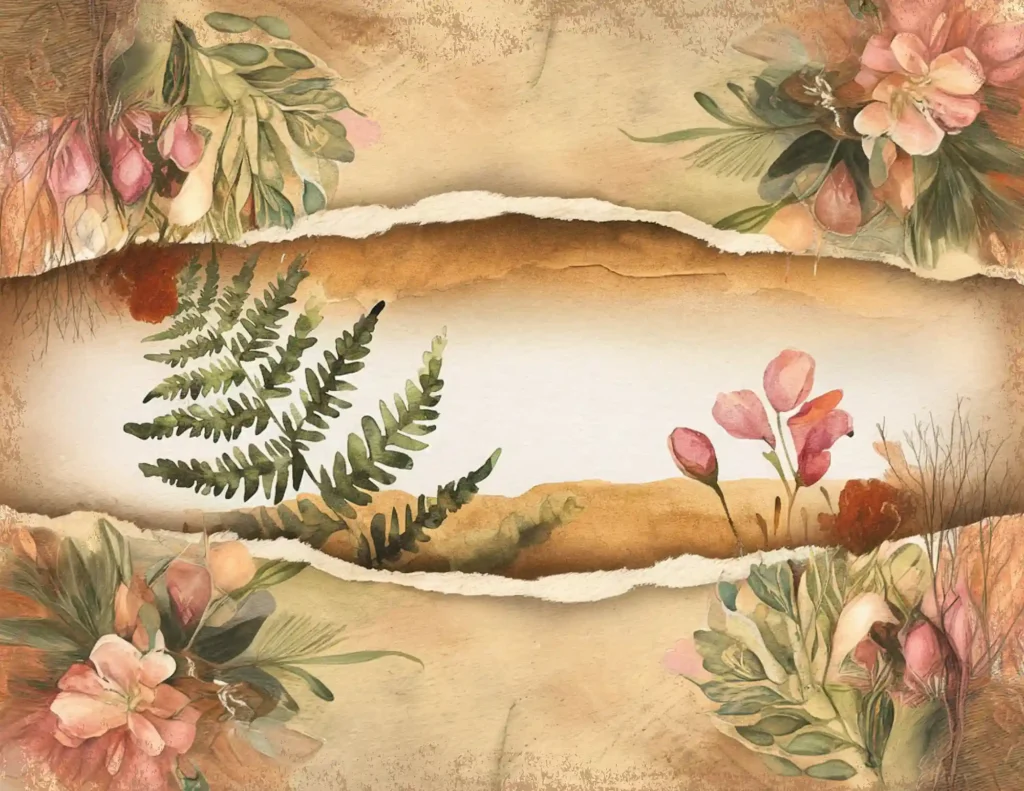 Vintage floral watercolor with fern leaves and pink flowers on a torn paper background.