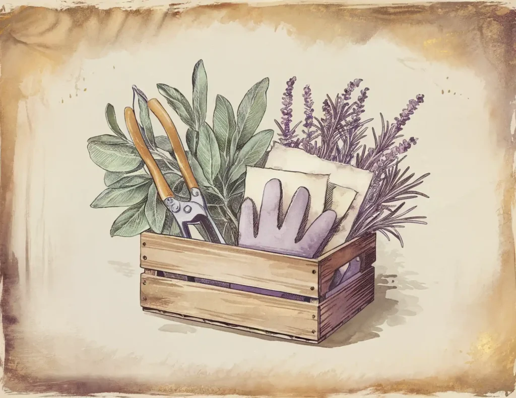 Illustration of a wooden box with gardening tools, gloves, and herbs, including lavender and sage, on a rustic background.