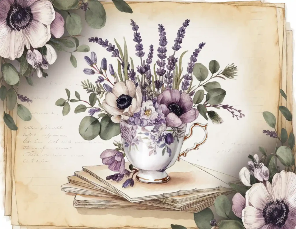 Vintage teacup with lavender and anemones on books, elegant floral arrangement, rustic paper background.