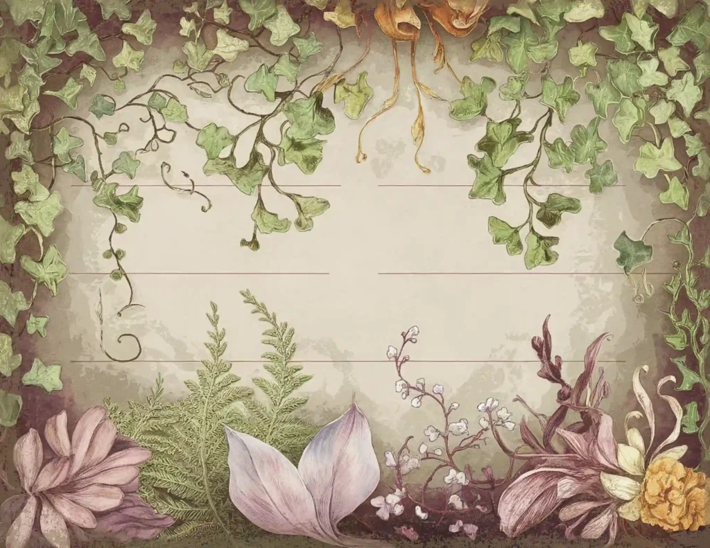 Floral border with ivy, leaves, and flowers on a vintage background with lined space in the center.