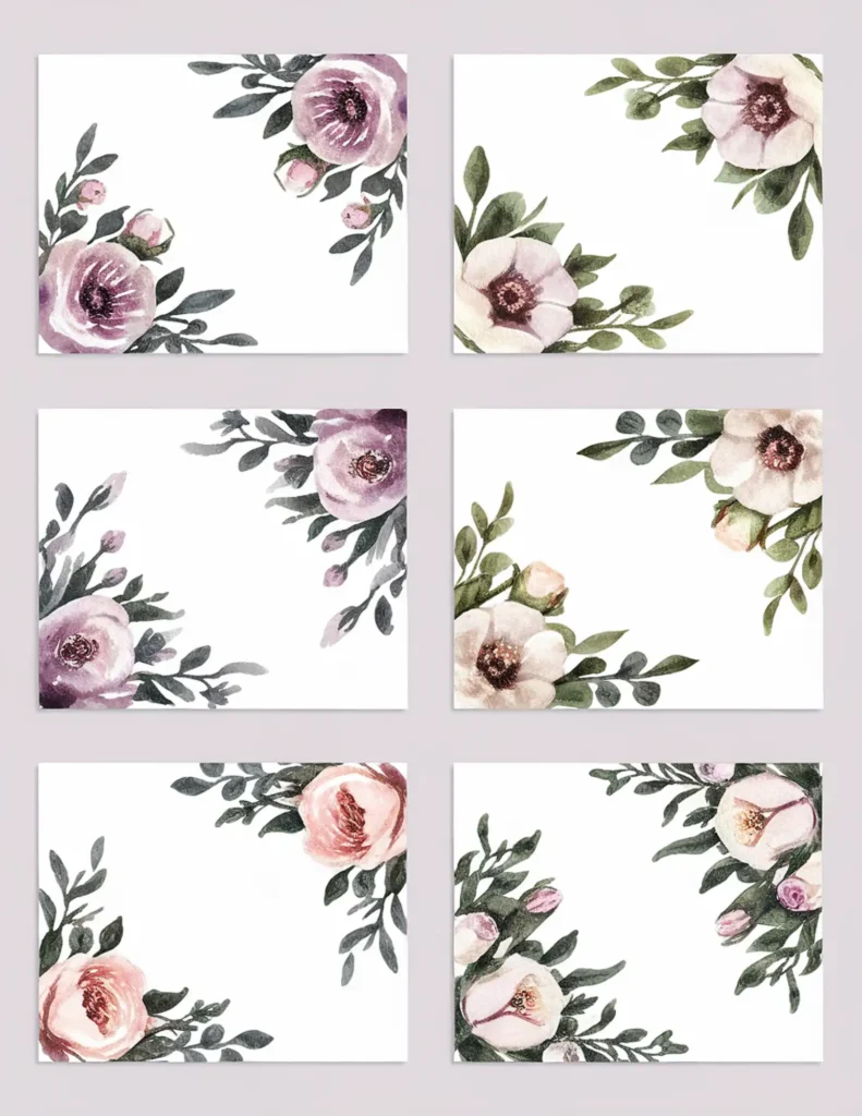 Elegant floral card designs featuring watercolor flowers and lush greenery, perfect for invitations or stationary.