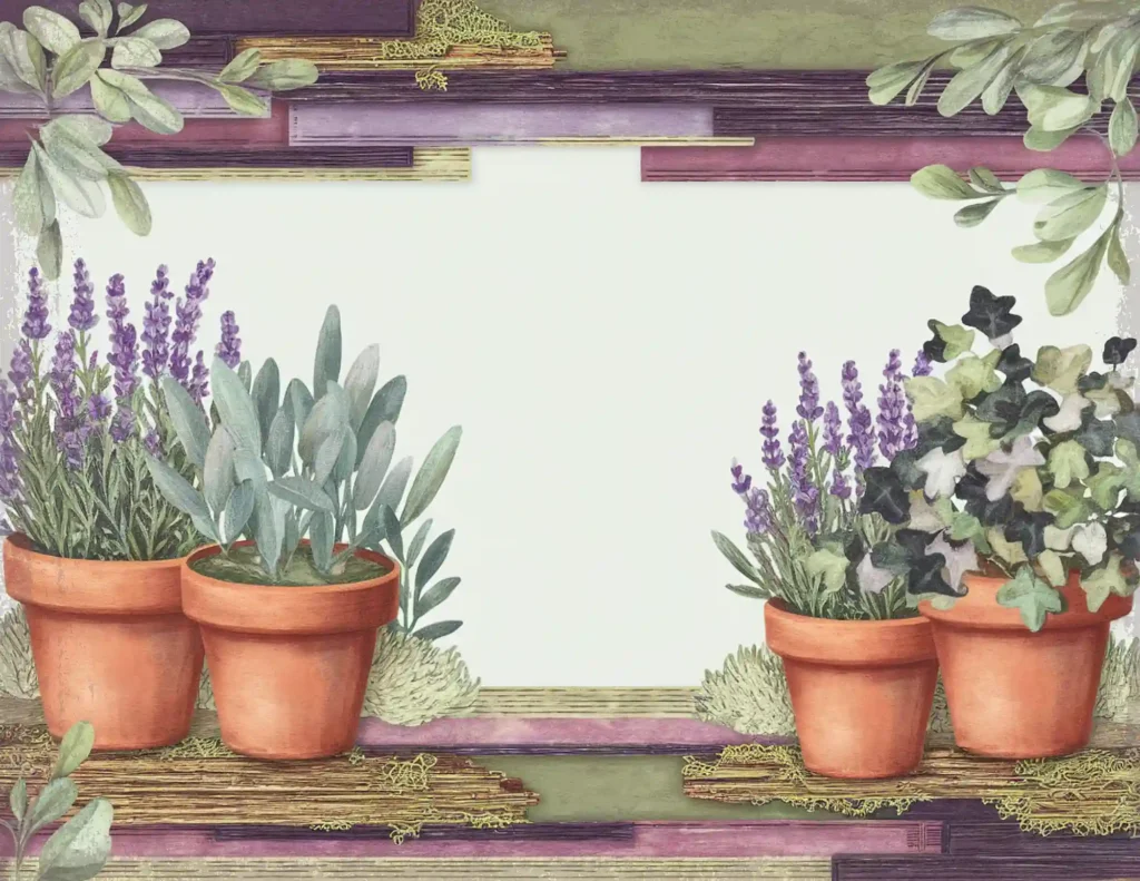 Watercolor illustration of potted lavender and sage on a textured background with green leaves in the corners.