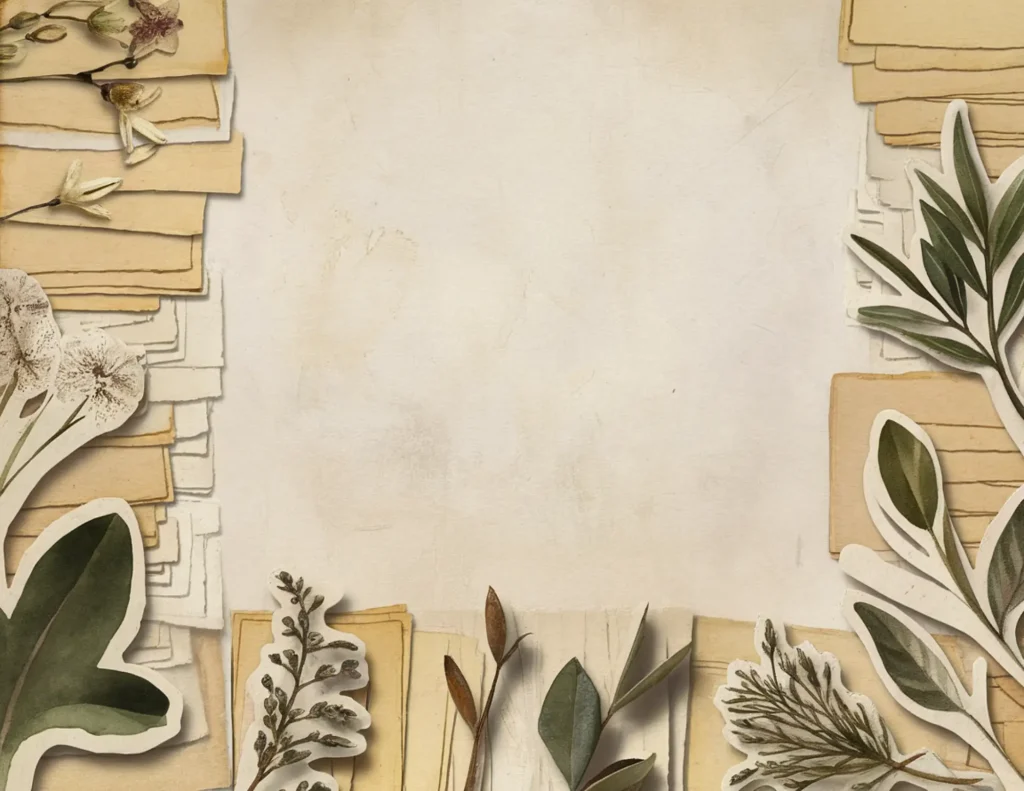 Vintage paper and botanical collage frame with leaves and flowers on beige background. Perfect for scrapbooking.