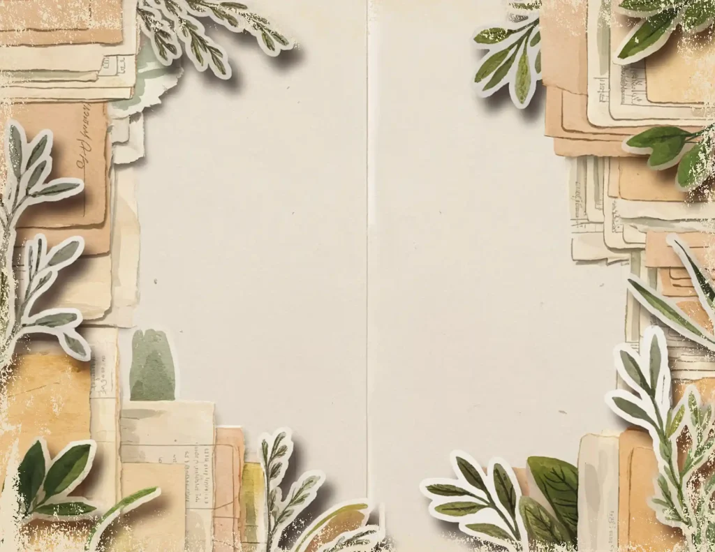 Vintage scrapbook background with layered paper edges and green leaves, perfect for creative designs and projects.