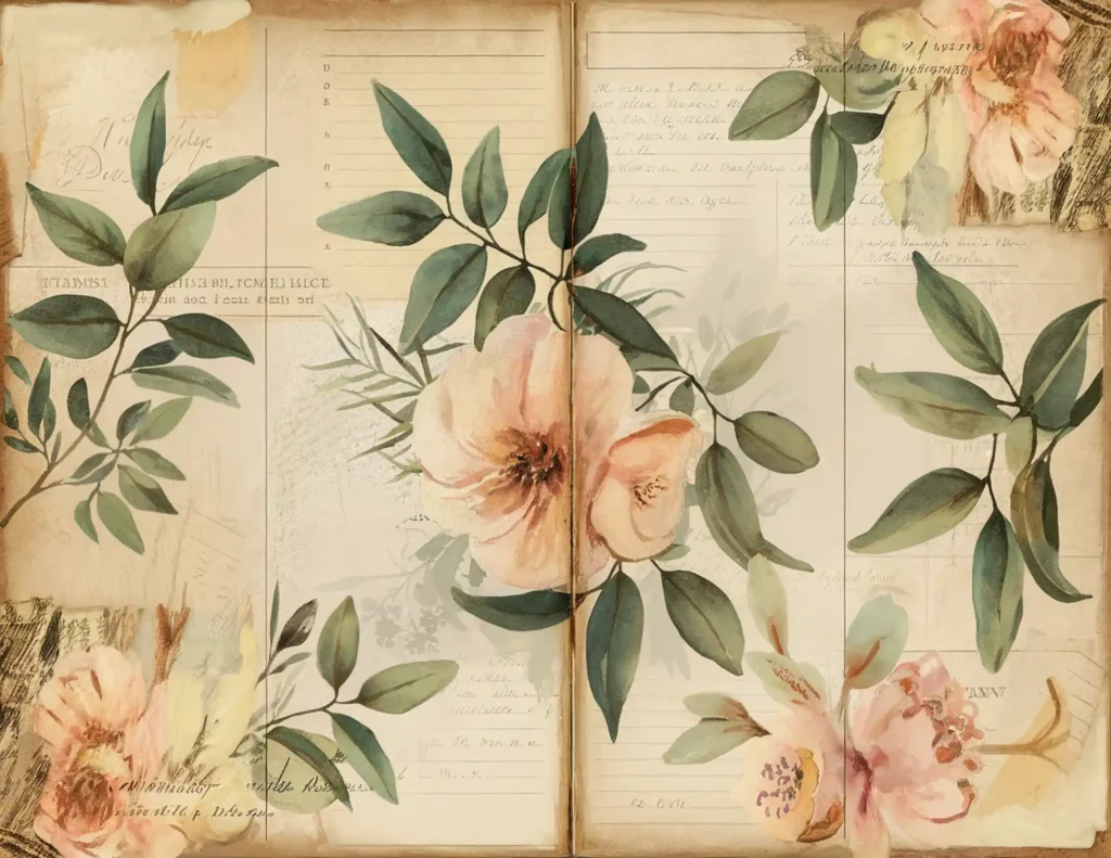 Vintage floral background with pink flowers and green leaves on aged paper, perfect for artistic designs.