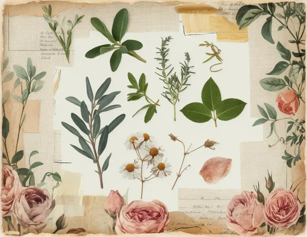 Botanical illustration with various herbs, leaves, and pink roses on a vintage background, evoking natural elegance.