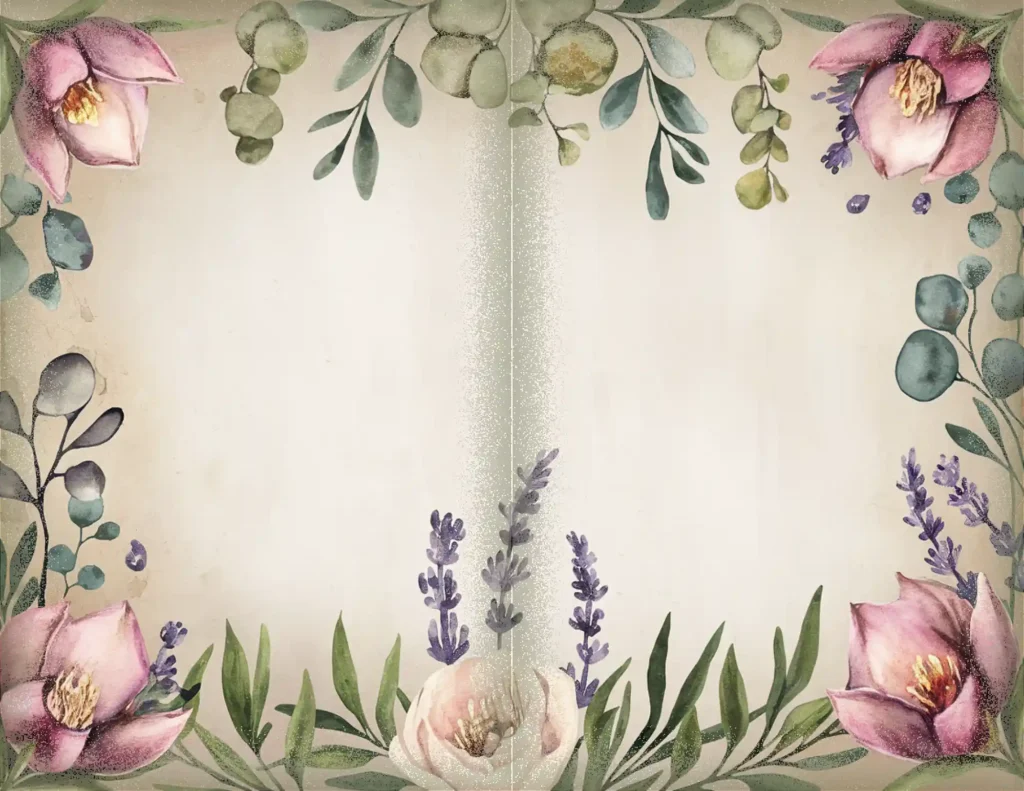 Floral watercolor border with pink flowers, lavender, and green leaves on a vintage beige background. Perfect for invites.