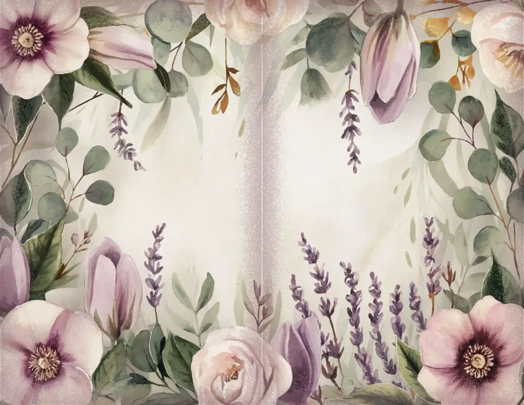 Watercolor floral frame with lavender, eucalyptus, and roses, ideal for elegant invitations and stationery.
