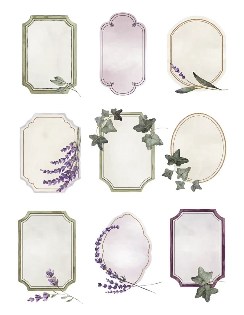 Elegant vintage frame designs with floral details and ivy accents, ideal for invitations or decorative labels.