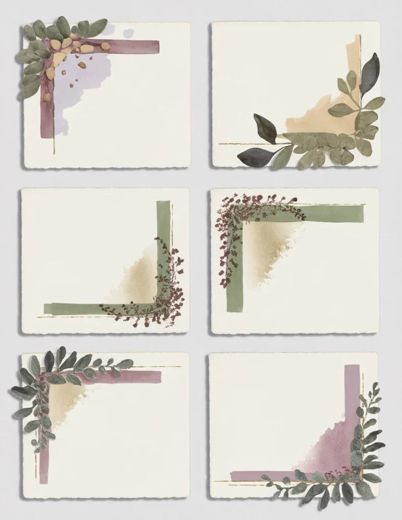 Elegant botanical corner designs on textured paper for invitations or stationery.