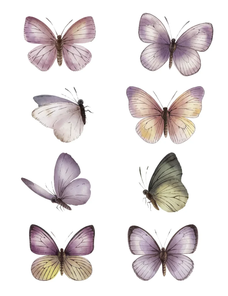 Watercolor butterflies with shades of purple and yellow on a white background.