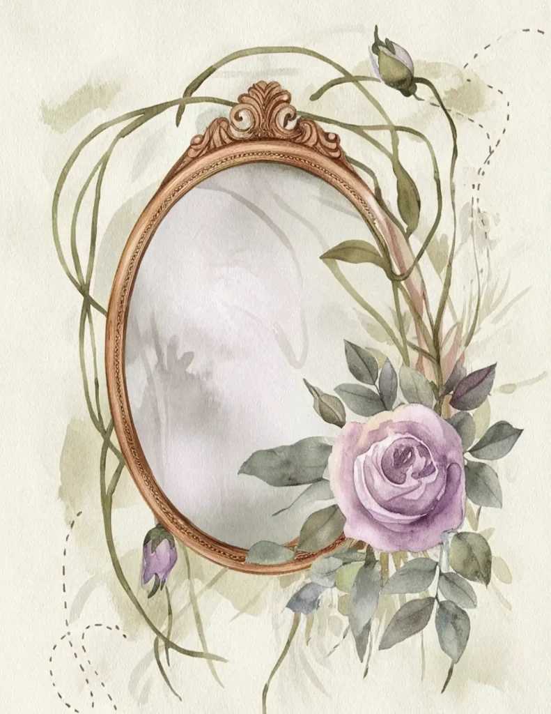 Ornate vintage mirror frame with watercolor rose and foliage design, creating an elegant and artistic touch.