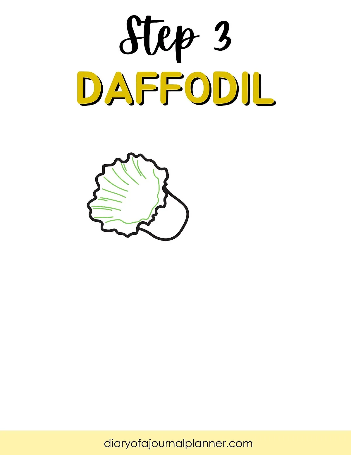 Step 3 of daffodil drawing guide, featuring simple petal sketch on a white background.