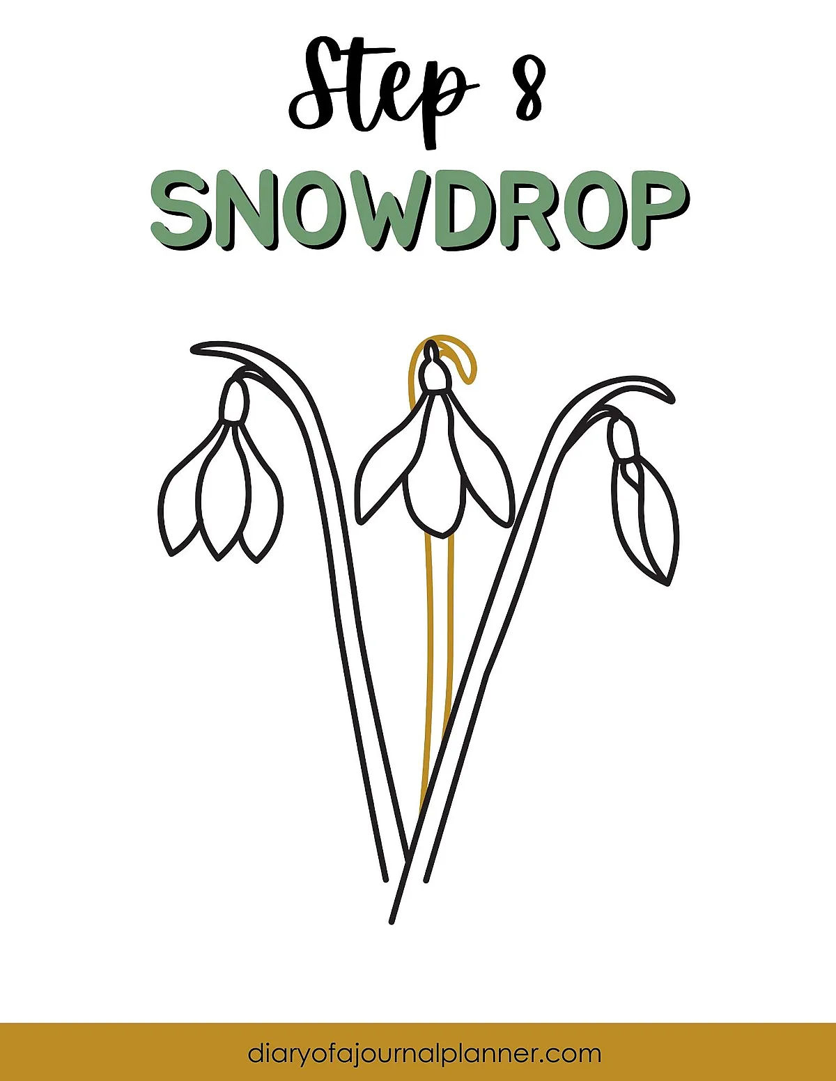 Step 8 drawing guide for snowdrop flowers, featuring minimalist line art for journaling or planning.