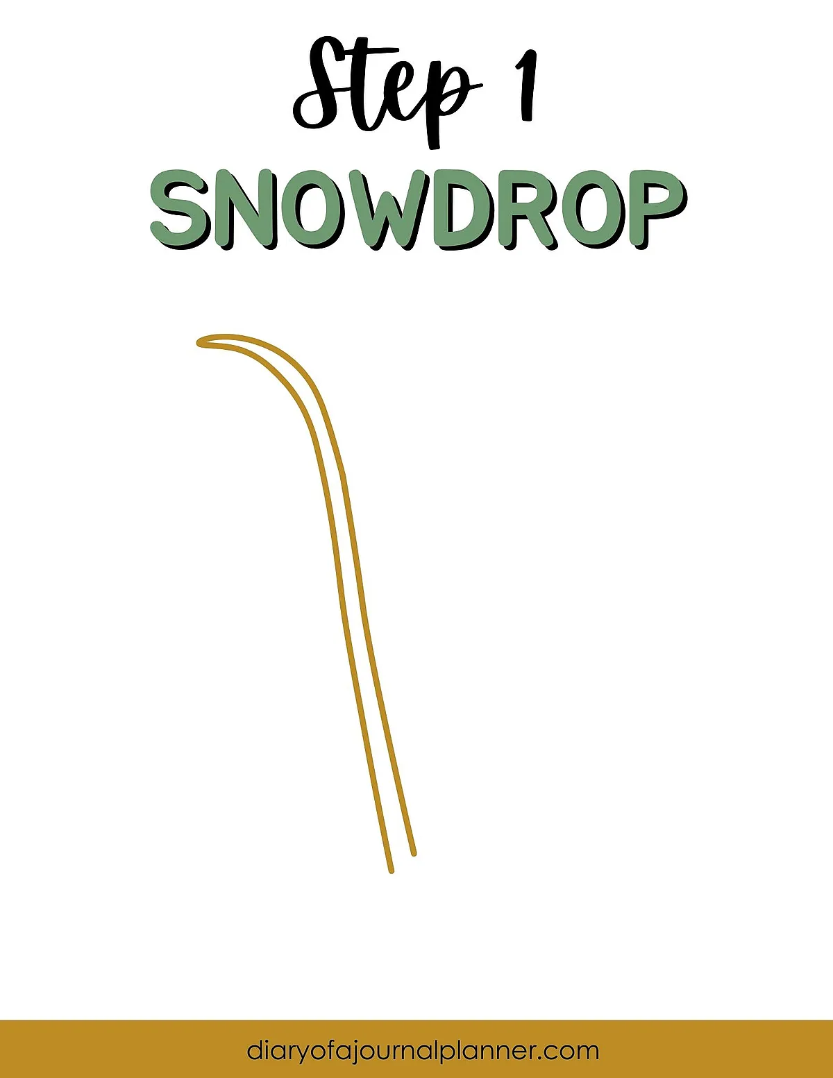 Step 1 of drawing a snowdrop flower: two curved, golden lines represent the stem on a white background.
