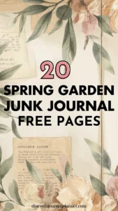 20 free printable spring garden junk journal pages with floral designs and vintage text elements.