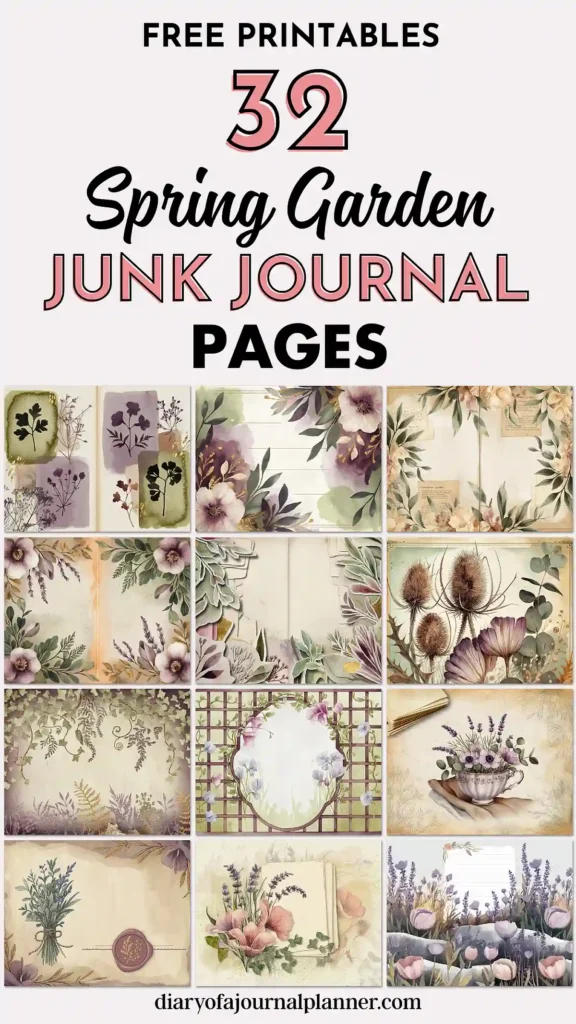 Free printables: 32 spring garden junk journal pages with floral designs for crafting and creativity.