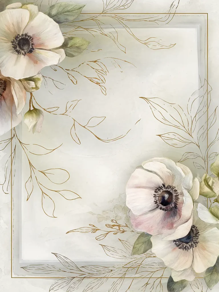Elegant floral frame with white flowers and delicate gold leaves on a soft, textured background. Perfect for invitations.