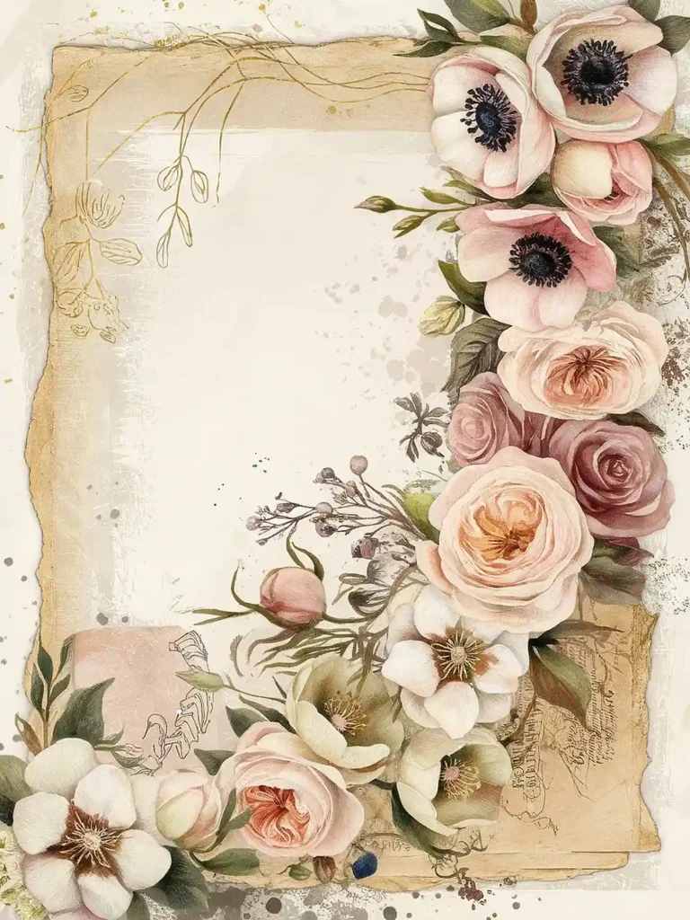Vintage floral frame with pink roses and white anemones, perfect for romantic invitations or scrapbooking.