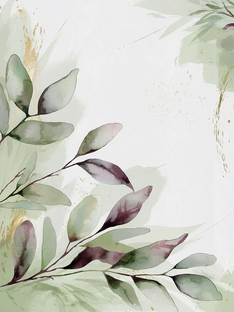 Watercolor abstract leaves with earthy tones and gold accents on a light background.