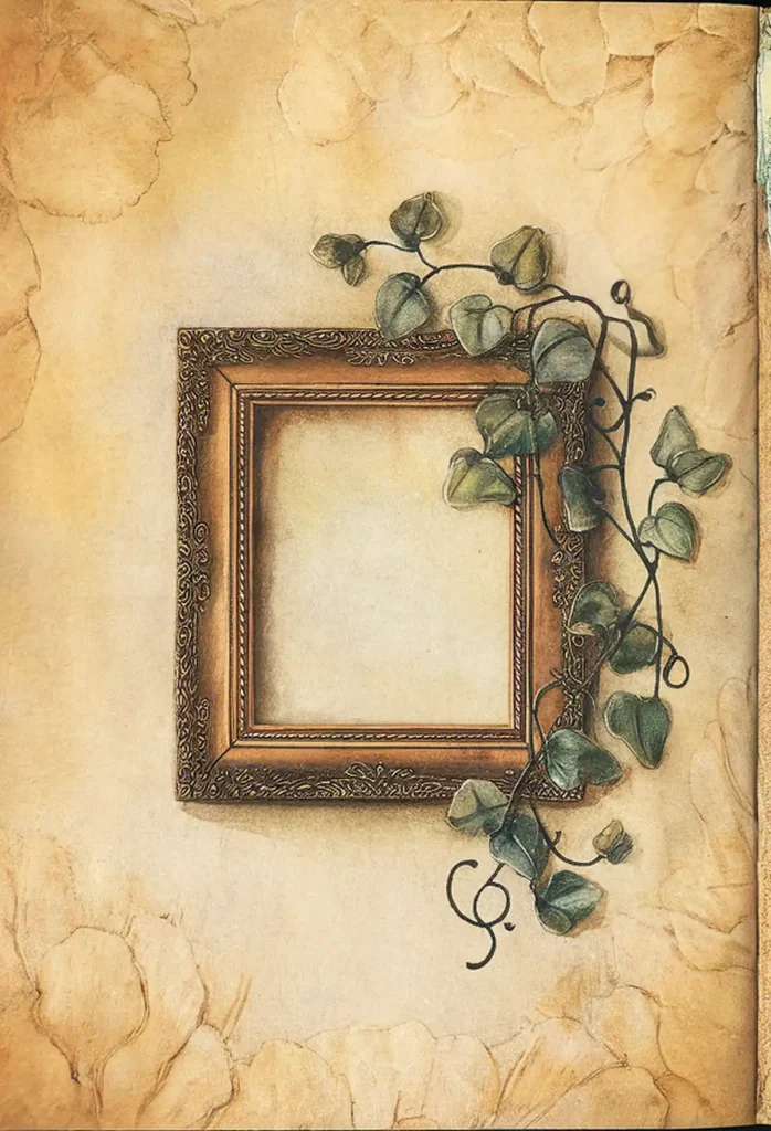 Ornate empty frame with ivy on vintage floral paper background.