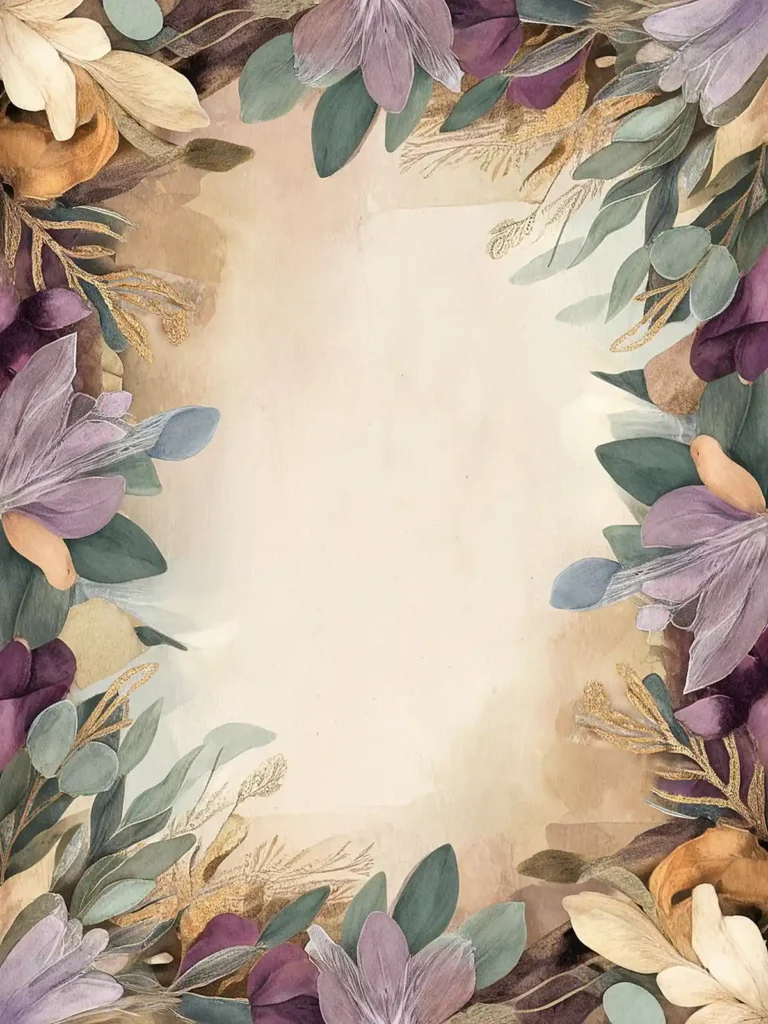 Elegant floral border with watercolor leaves and blossoms on a beige background, ideal for invitations or cards.