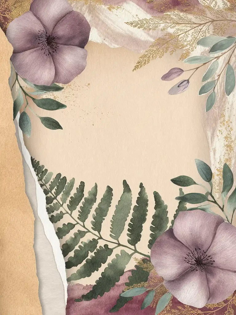 Watercolor floral frame with purple flowers, green leaves, and gold accents on a beige background. Perfect for invitations.