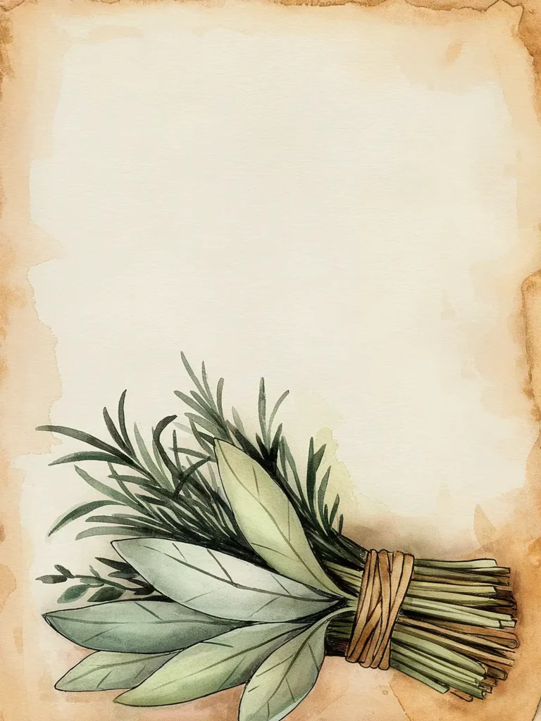Vintage illustrated bundle of herbs on parchment paper background, featuring sage and rosemary, for culinary use.