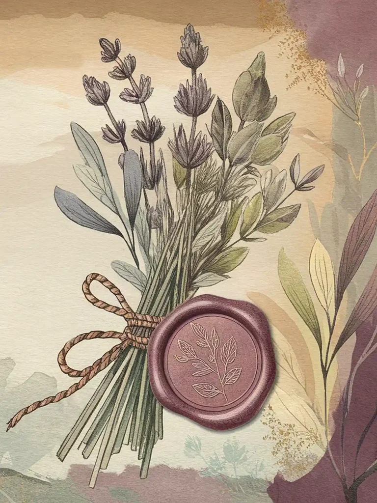 Illustrated botanical bouquet with wax seal on floral watercolor background.