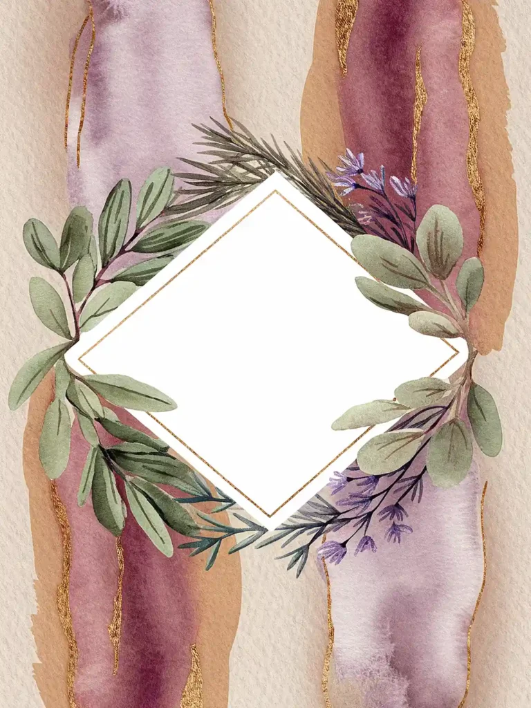 Watercolor floral frame with purple and gold accents and leaves. Perfect for invitations or decorative designs.