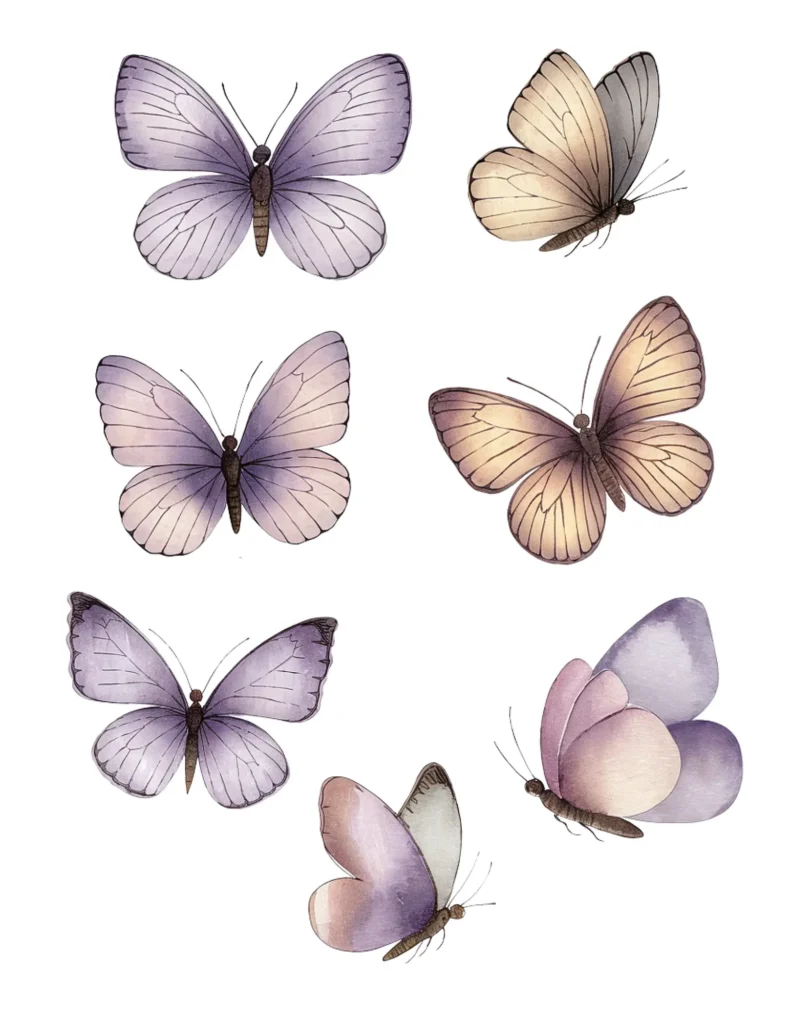 Illustration of six watercolor butterflies with shades of purple and beige on a white background.