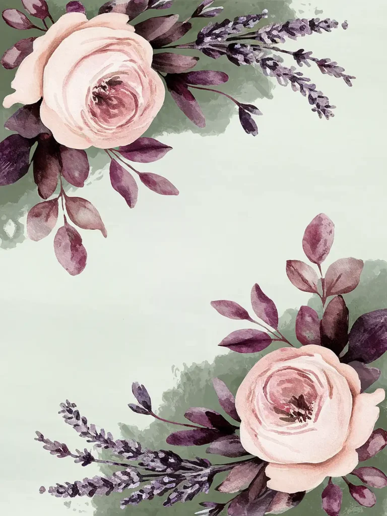 Watercolor pink roses and lavender sprigs with green and purple leaves on a light background.